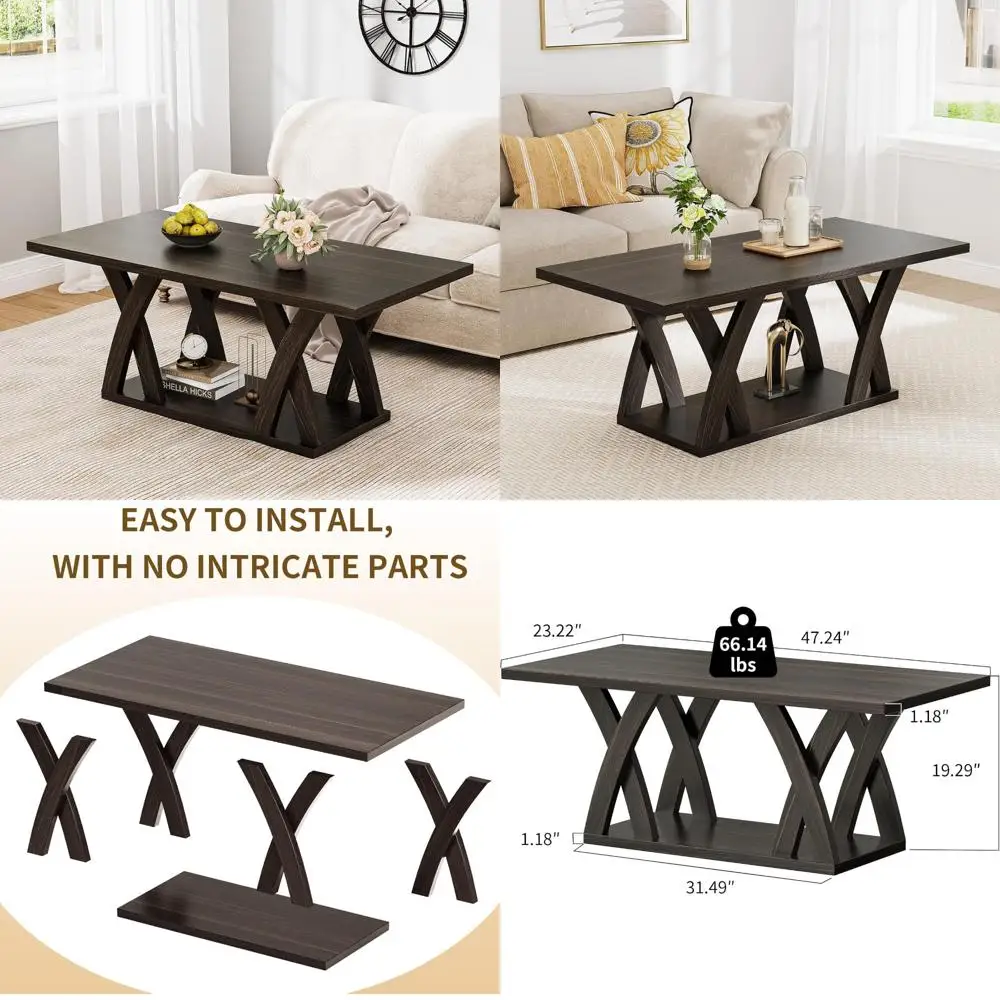 

Деревянные журнальные столики 47 дюймов для гостиной, подставки в деревенском стиле с полкой для хранения, коричневые журнальные столики для гостиной. центр фермерского дома ст.