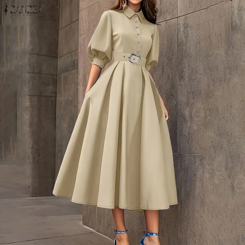 ZANZEA Elegantes Midikleid mit Cinch-Taille für Damen, Umlegekragen, halbe Laternenärmel, A-Linien-Kleid, Sommerkleid für Pendler, Robe Femme