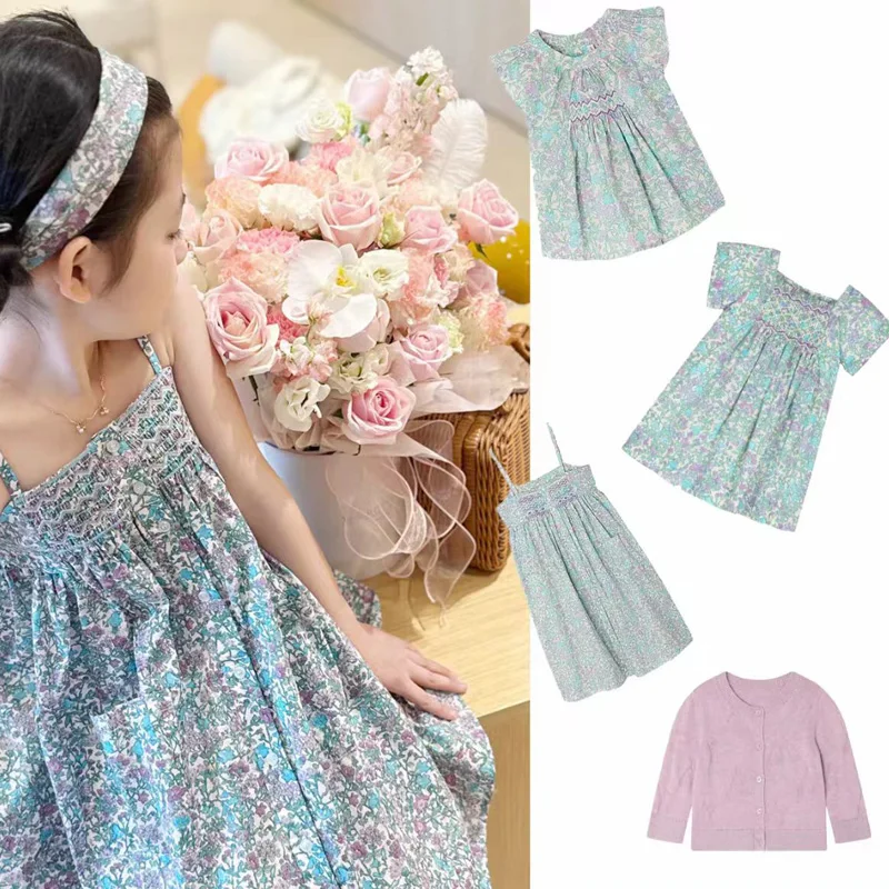 

In Stock 2026 BP NEW Summer Baby Girls Sets Smocking Dress Floral Print Shirts Purple Cherry Cardigan Kids Clothes Girls Dress