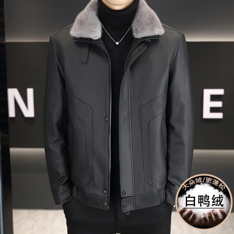 Alta qualidade 2024 inverno masculino preto casual couro do plutônio pato para baixo jaquetas streetwear à prova de vento quente topos gola pele puffer casacos