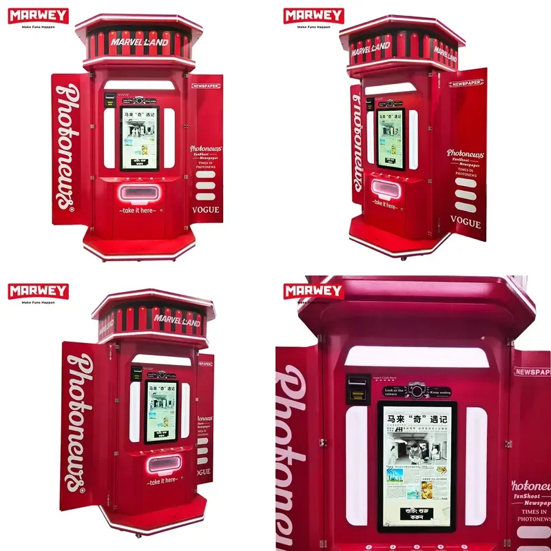 Popular Retro Interactive Newspaper Printing Photo Booth Coin Operated Commercial Unmanned Self Service Photo Room with