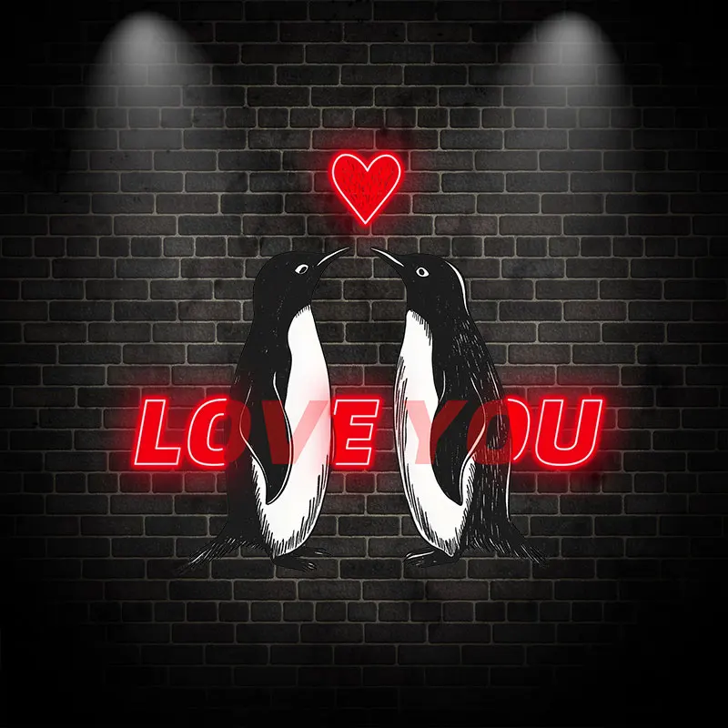 Romantic Penguin Neon Light Sign - Adorable Love Design with Heart & 'Love You' Message, Perfect for Valentine's Day, Weddings