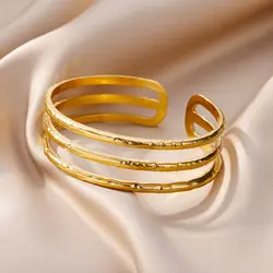 Three Layer Opening Stainless Steel Bangles for Women Retro Gold Color Bracelet Cuff Bangle Aesthetic Jewelry Pulseras Gifts