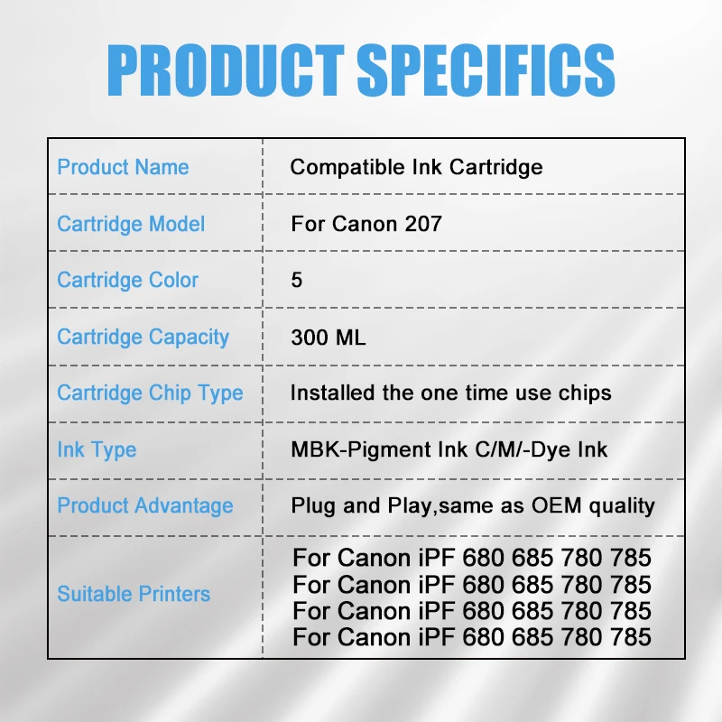 For Canon PFI 207 Compatible Ink Cartridge With Chip For Canon ImagePROGRAF IPF 680 685 780 785 Printer Ink Cartridge