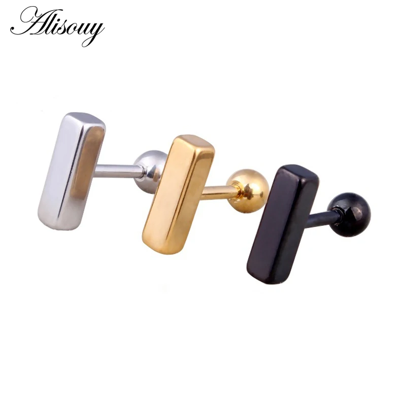 Alisouy 2pc Stainless Steel Simple 6/8/10/12/14mm Square Bar Earrings for Women Rose Gold Color Geometric Stud Earrings Jewelry