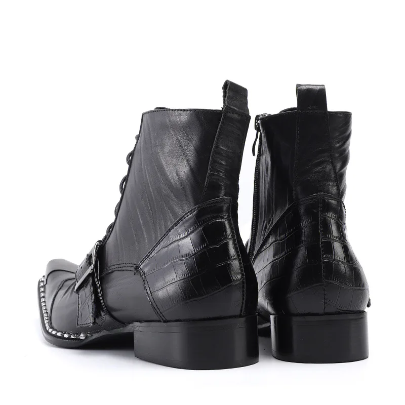 Men\'s Ankle Boots Buckle Strap Decoration Metal Pointed Toe Business Genuine Leather Zipper Cowboy Motorcycle Boots