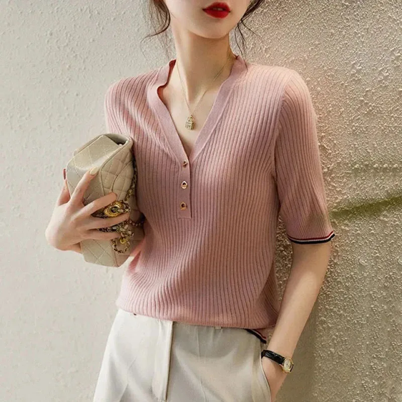 

Tee Shirt Femme 2023 Summer Short Sleeve Slim Pink Knitted T Shirt Women Korean Fashion Tops Female V Neck Woman Casual Tshirts