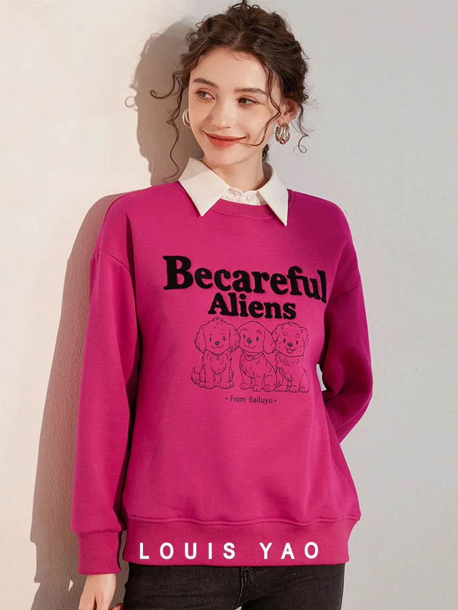 

LOUIS YAO 2025 Winter Thick Fleece Round Neck Printed Embroidered Letter Loose Casual Women's Sweatshirt