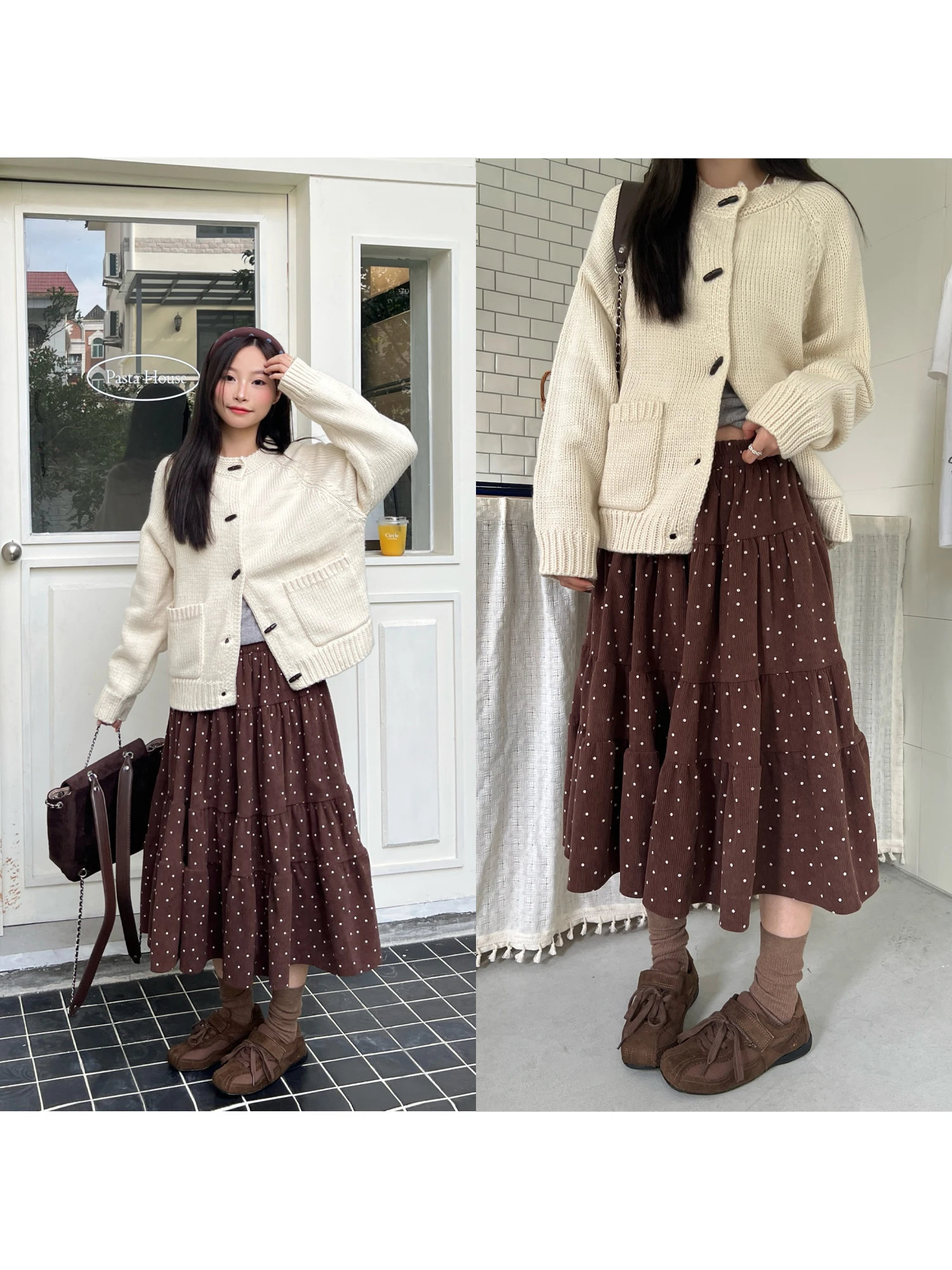 

Vintage Polka Dot Corduroy A-Line Midi Skirt Women's High Waist Flared Skirts Ci Commute Casual Stand Fit Winter 2025