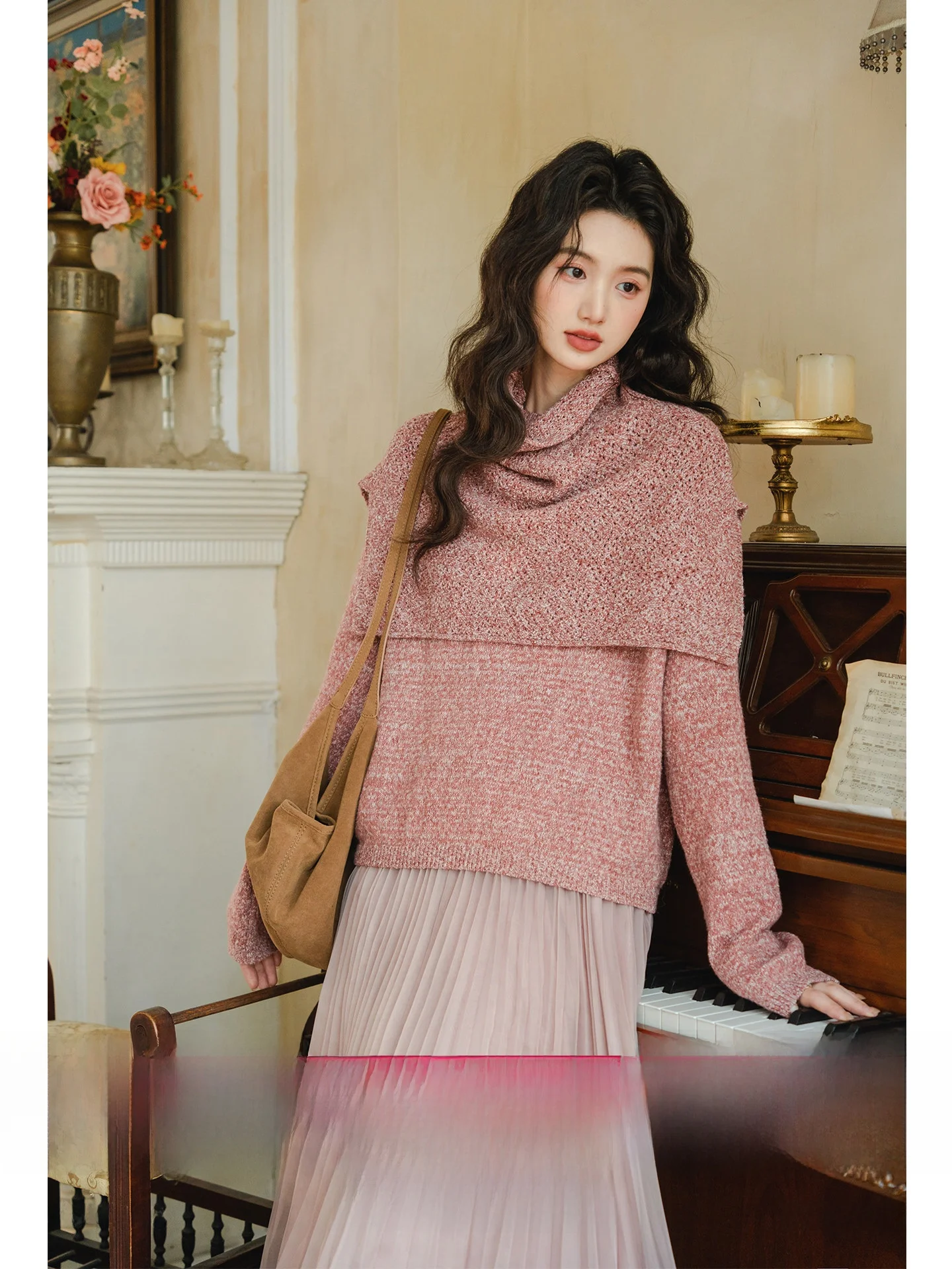 

Pink Knitted Sweater And awl Two-Piece Set for Women Casual Sle Polyester Fiber Long Sve Loose Fit Pure Color Winter Wear