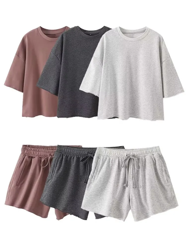 HH Summer Women Vintage Solid Shorts Suit O Neck Short Sleeve T-shirt Drawstring Shorts Loose Casual 2024 Woman Sport Sets