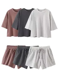 TRAFZA Summer Women Vintage Solid Shorts Suit O Neck Short Sleeve T-shirt Drawstring Shorts Loose Casual 2024 Woman Sport Sets