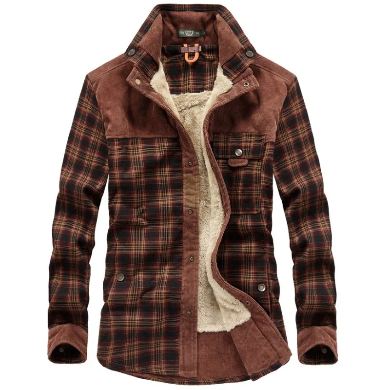 Motorcycle Riding Jacket Men's Fleece Shirt Autumn and Winter Men's Plaid Large Size Lapel Thickened Warm