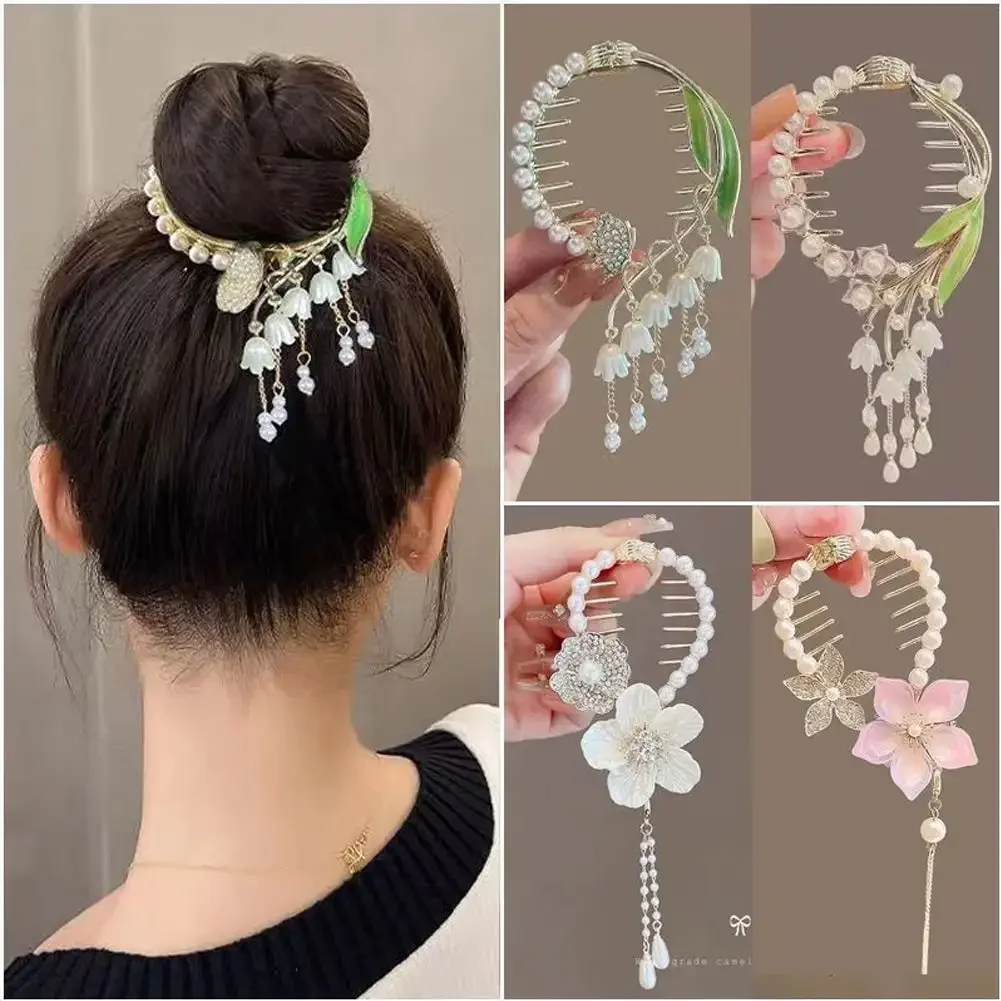 Flower Tassel Hair Clip Women Ladies Butterfly Rhinestone Pearl Metal Hair Claw Round Bun Ponytail Holder Hair Accessories