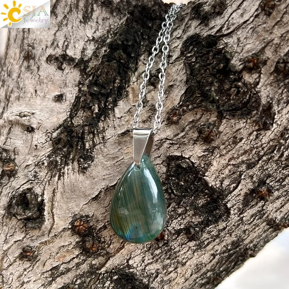 Collar de labradorita de piedra Natural para mujer, colgante de cristal de gota de agua curativa, cadena de acero inoxidable de Color dorado, joyería H650