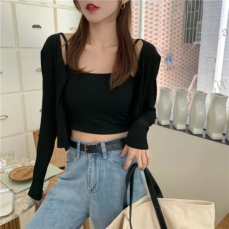 

Summer Outfit Women's Long Sve Sun Protection ort Crop Top And Cardigan Two Piece Set Korean Sle round Ne irt Sve