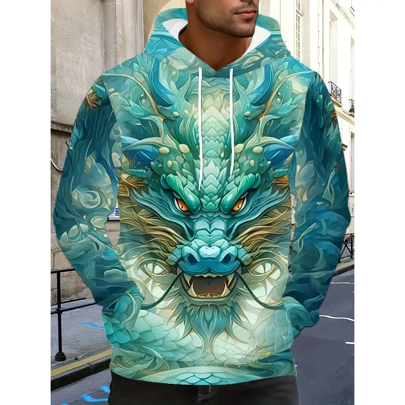 

2025 New Fashion Men's Hoodie with 3D Chinese Loong Pattern Design Long Sleeve Pocket Daily Comfort Sweatshirt