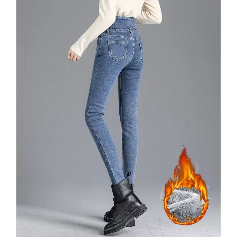 الشتاء الفتيات الثلوج الدافئة مستقيم الساق الجينز النساء أفخم الحرارية عارضة سراويل جينز سيدة الكورية مريحة الصوف السراويل