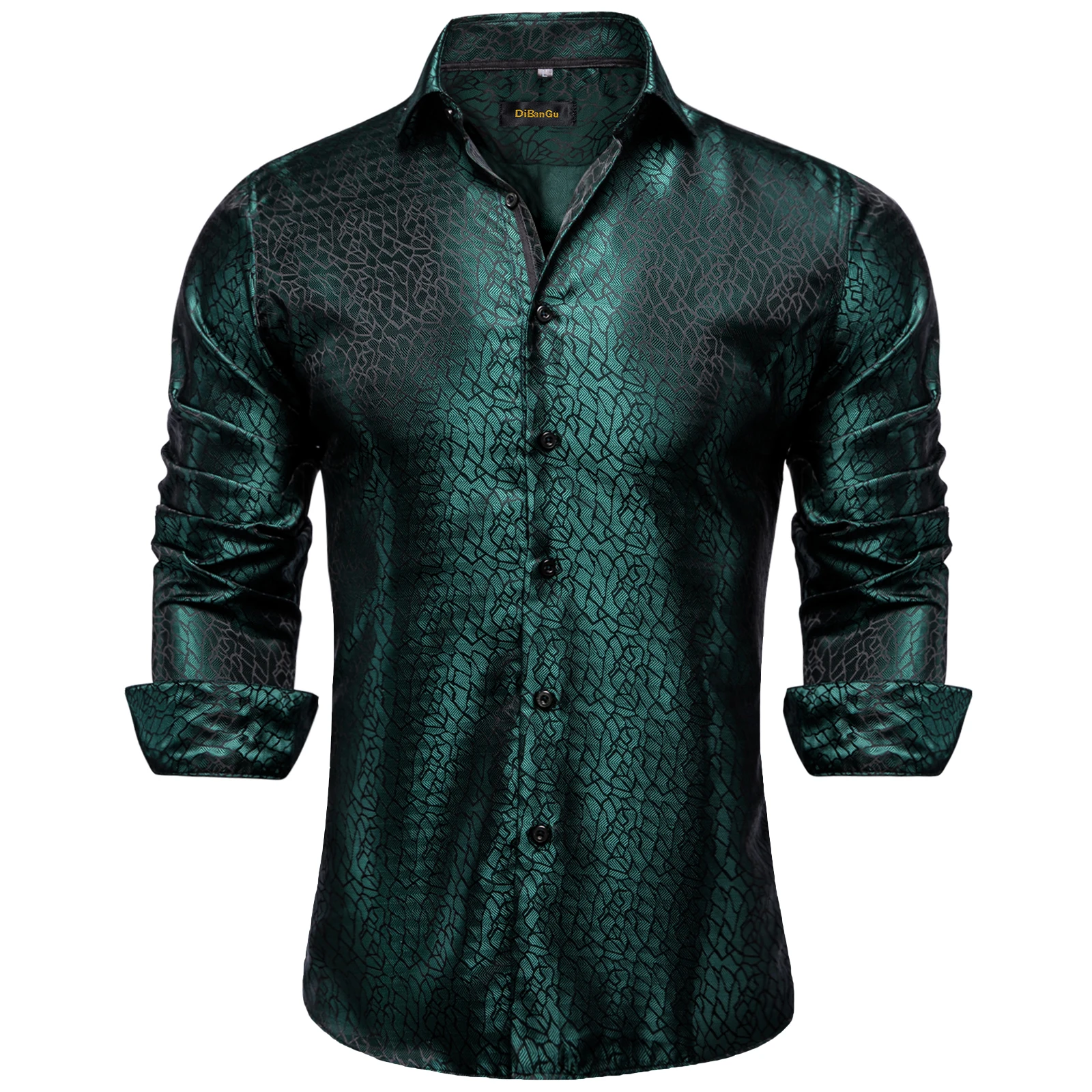 Dark Green Luxury Designer Men\'s Silk Shirt Long Sleeve Wedding Prom Men Button Down Collar Dress Shirt Blouse Men Clothing