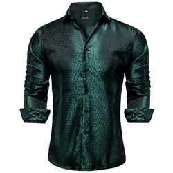 Dark Green Luxury Designer Men's Silk Shirt Long Sleeve Wedding Prom Men Button Down Collar Dress Shirt Blouse Men Clothing