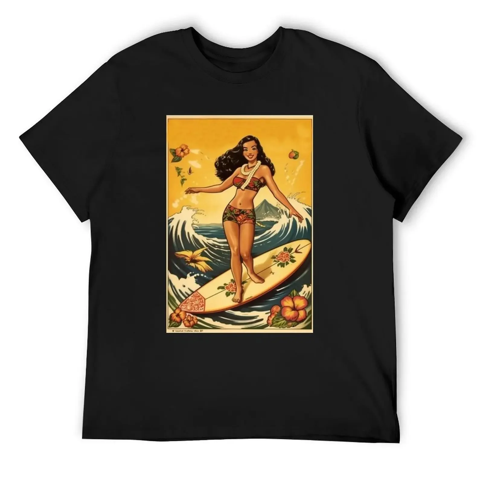 

Classic Sailor Jerry Hula Girl Dancing with Surfboard Art Print Vintage Hawaiian Poster T-Shirt