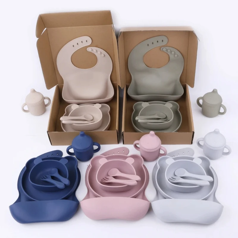 

Dishwasher safety Baby weaning products Baby suction cup bib spoon fork set Customized silicone baby tableware feeding set