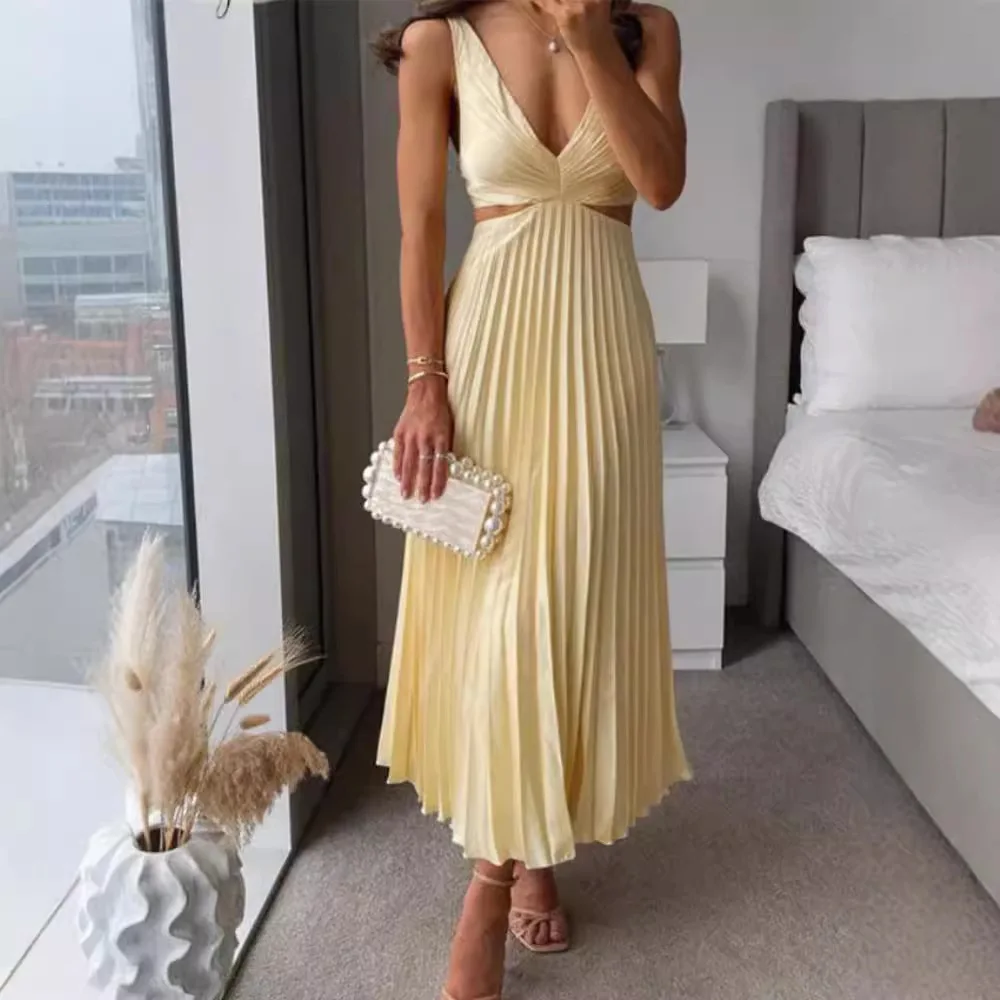 

Ele V-ne Svel Hollow out Ba Pleated Midi Dr A-line Skirt High Waist Summer Commute Sle Color Gown