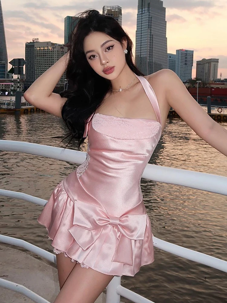 

WEIRD PUSS Cute Knot Hanging Ne Strap Dr Girls Lace Dr Trendy High Waist ort Skirt Pure Color Summer Dr