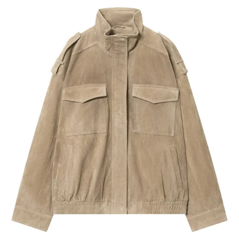 

2025 Autumn Vintage Lady Casual Streetwear Women's Suede Bomber Jacket Loose Stand Collar Zipper Pockets Long Sleeve Female Coat