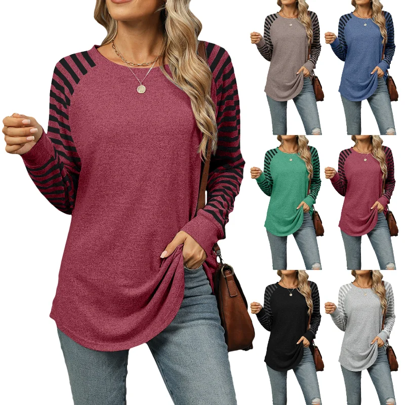 T-shirt da donna con orlo asimmetrico a maniche lunghe con scollo tondo e toppa a righe