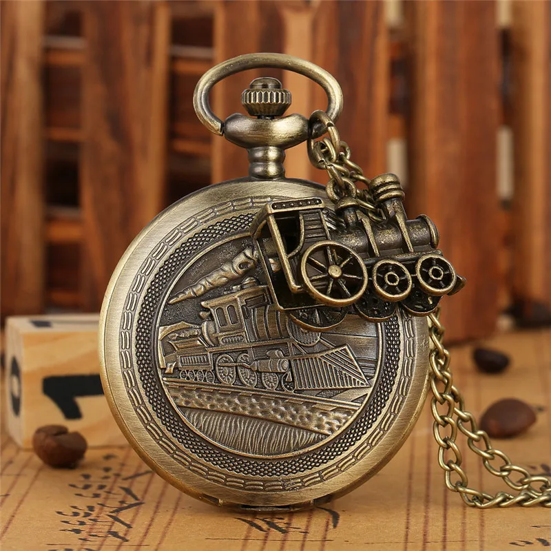 Steampunk Locomotive Steam Train Design Watch, Bronze Quartz Relógio de Bolso para Homens e Mulheres, Cadeia Colar Pingente Ferroviário