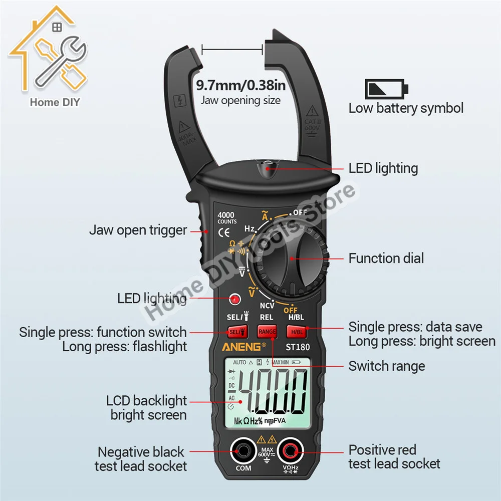 ANENG ST180 4000 Counts Digital Clamp Meter AC Current Multimeter Ammeter Voltage Tester Car Amp Hz Capacitance NCV Ohm Tool