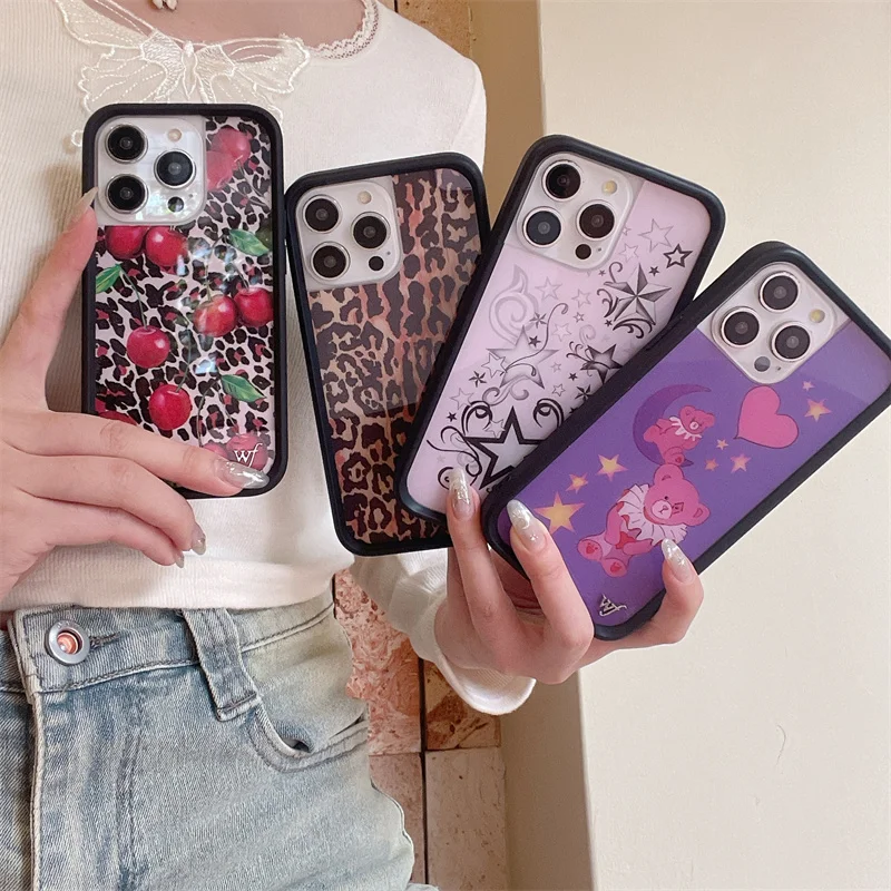 Wildflower 3D Leopard Cherry Phone Case for iPhone 15 14 13 12 16 Pro Max 15 Pro Max WF Dream Bear Cute Cartoon Cover Funda