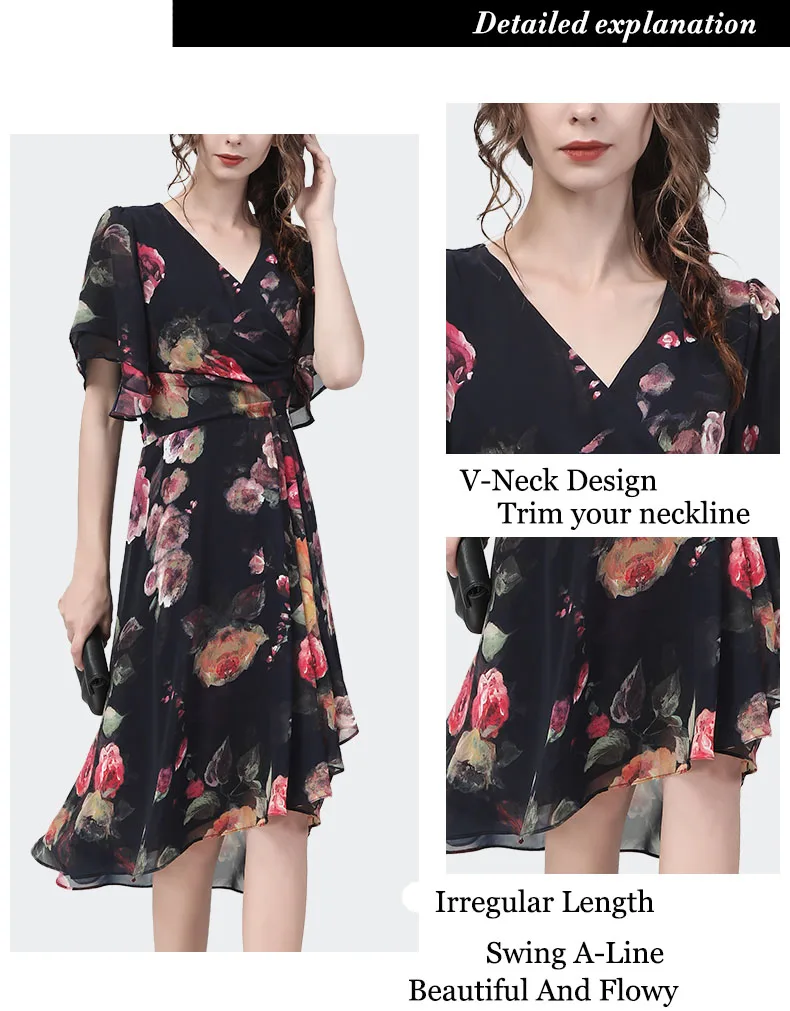 Fashion Womens Summer Chiffon Floral Dress Short Sleeve V-Neck High Waist A-Line Irregular Swing Mid-Length Casual Party Dresses