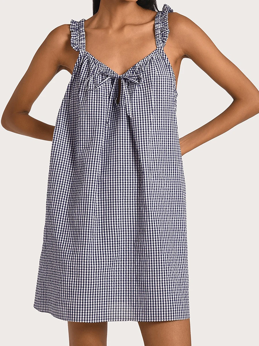 

Women Slip Dress, Sleeveless Tie-up Plaid Dress Loose Summer Mini Dress for Casual Daily