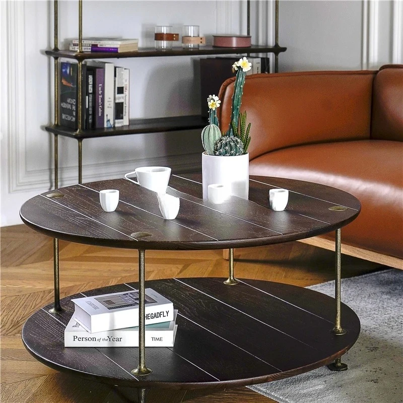 

Nordic simple modern solid wood coffee table small apartment light luxury oak wrought iron round edge table