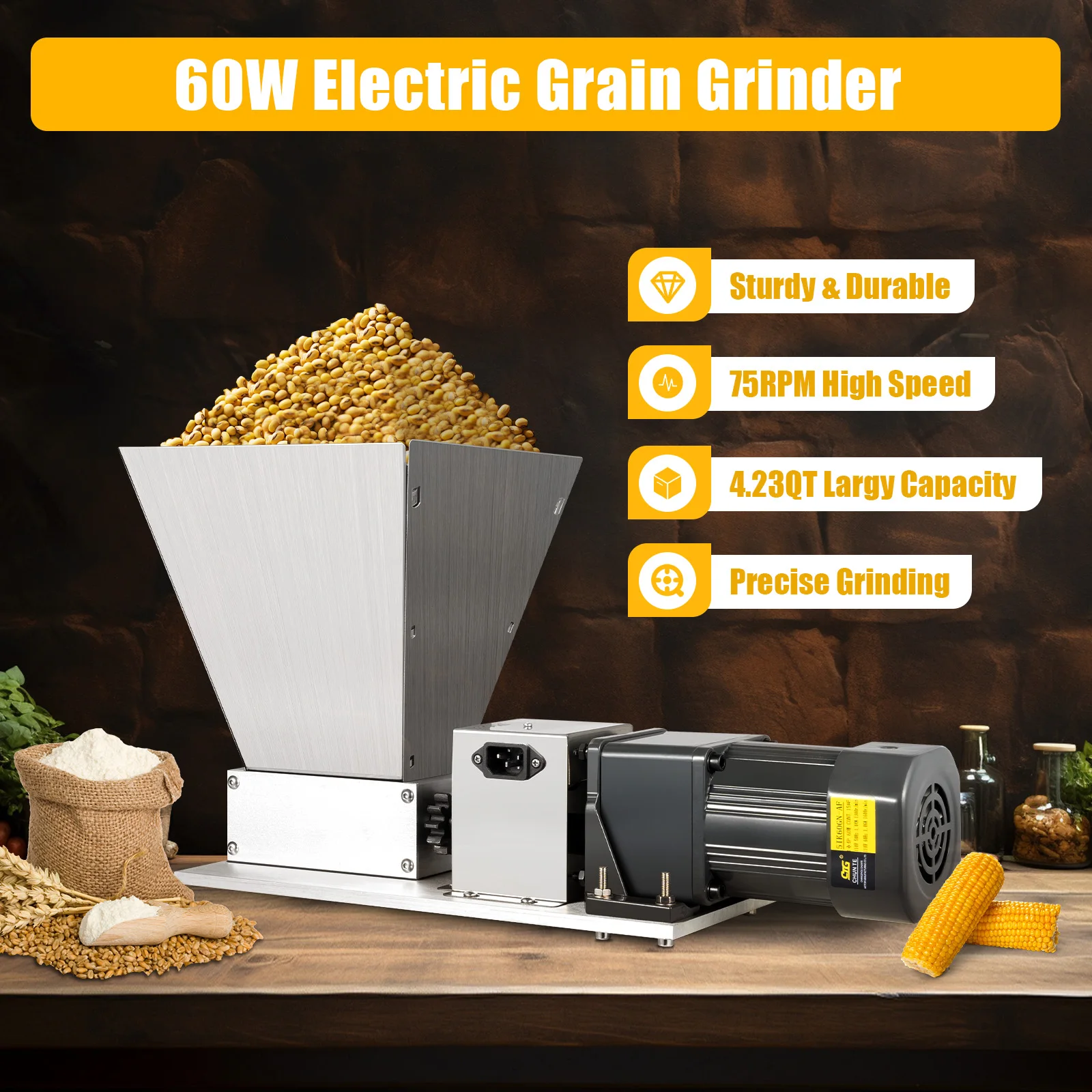 

110V Electric Grinder Mill Grain, 60W Electric Oat Roller Machine, Stainless Steel Homebrew Malt Crusher Mill w/4 Hopper