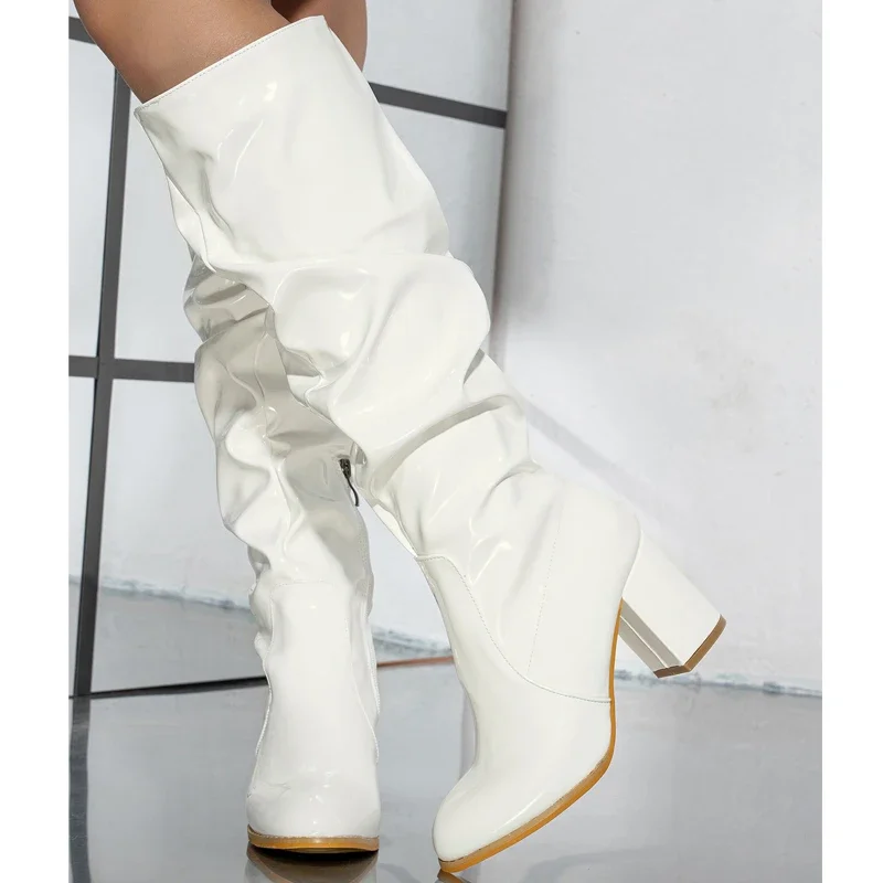 Eilyken Spring Autumn Fashion Pleated Round Toe  Women Knee-High Boots Zipper Square High Heels Party Ladies Shoes Botas Mujer