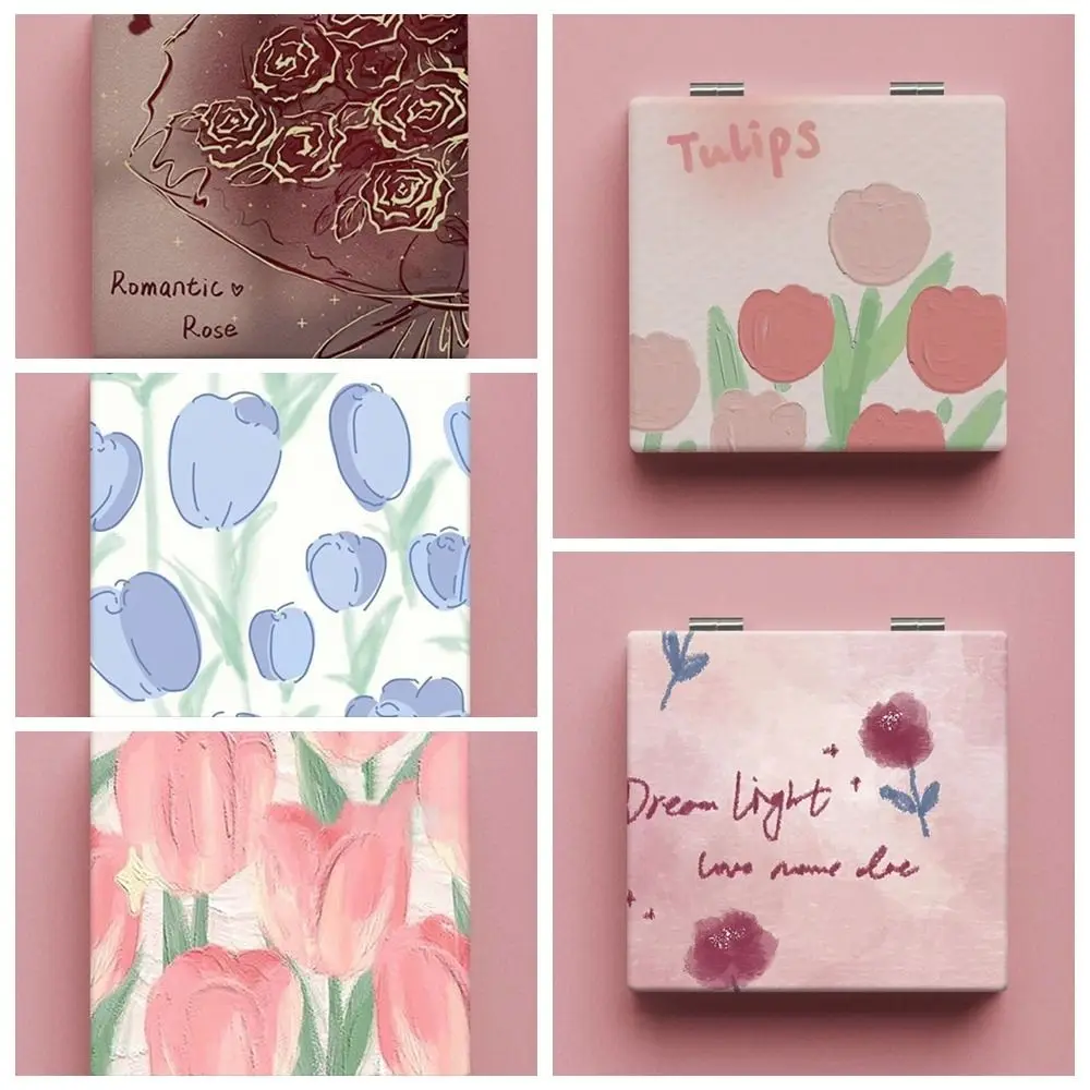 Espejo de maquillaje de tulipán de bolsillo, espejo cosmético cuadrado de rosa, espejo plegable de mano para pintura al óleo, accesorios de maquillaje