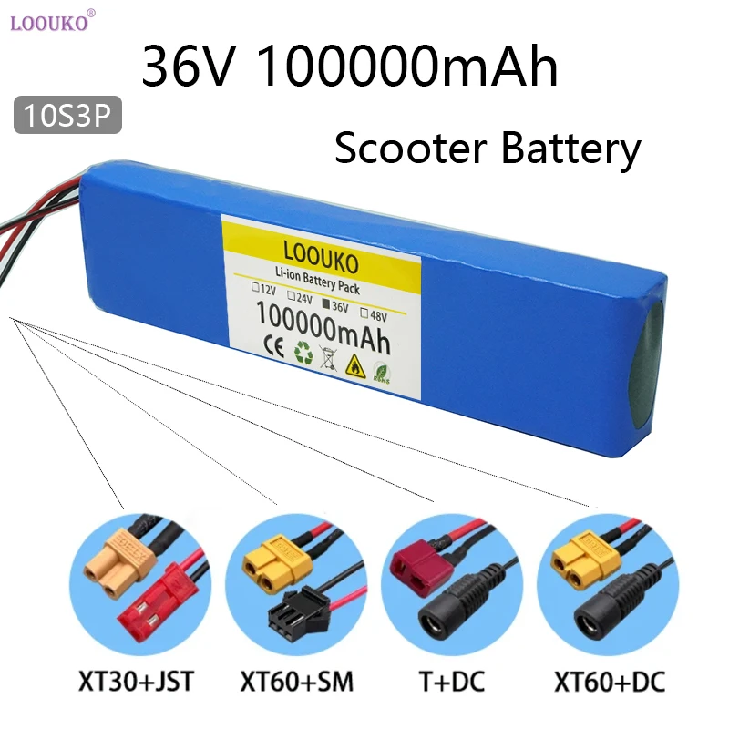 

NEW Scooter 36V 100Ah plug XT60 DC XT30 JST 18650 Rechargeable Lithium Battery Pack and charger for Electric bicycle with BMS