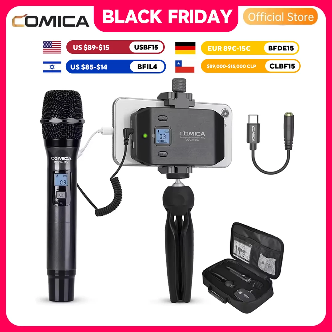 

Портативный микрофон Comica CVM-WS50H, беспроводной микрофон UHF, 6-канальный конденсаторный микрофон для iPhone, камеры Android, Gopro