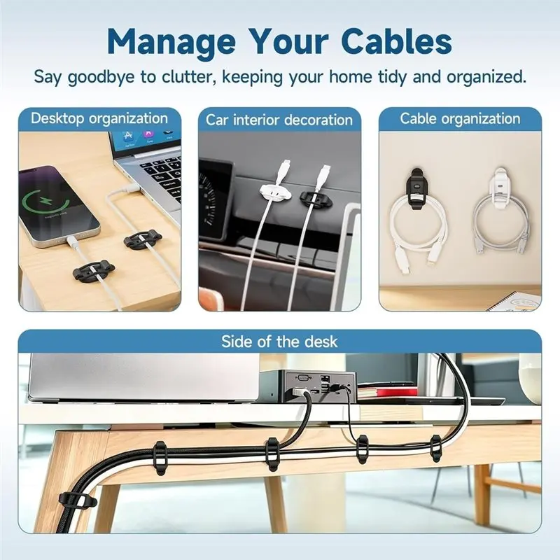 ABMR-Adjustable Cable Management Clips(10 Sets), Self-Adhesive Cord Organizers Featuring Elastic Loops, Reusable Cable Holders