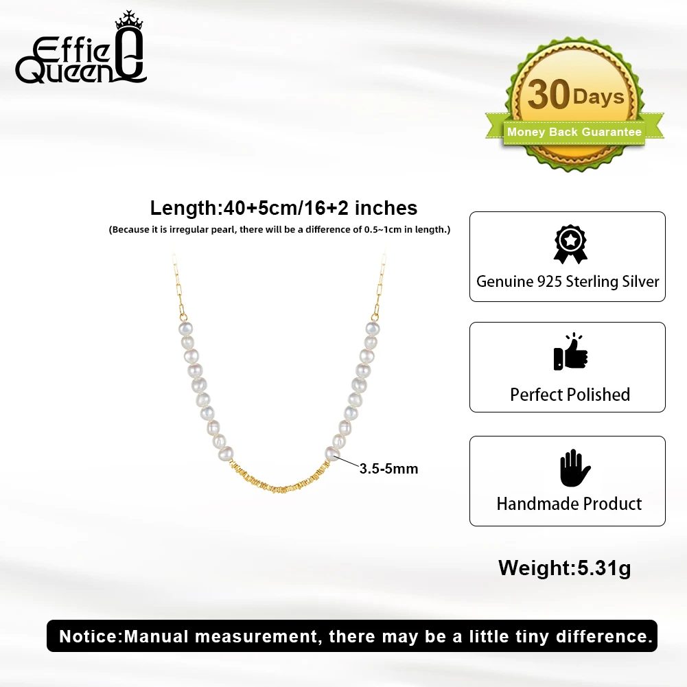 EFFIE QUEEN 925 Sterling Silver Nugget Chain Necklace for Women Natural Freshwater Pearl Necklace Anniversary Jewelry Gift GPN68