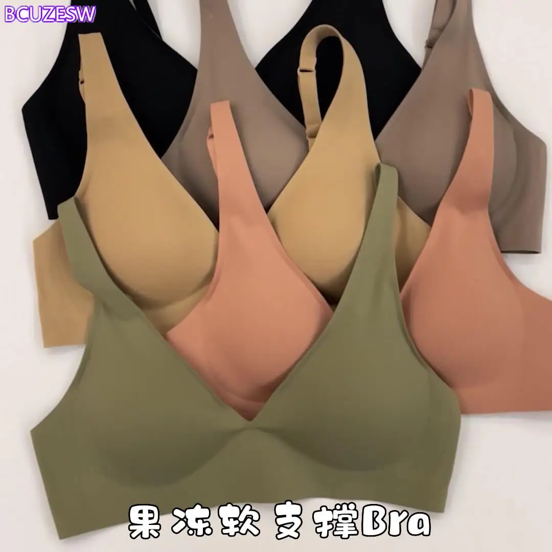 Women's Seamless Bras Ladies Thin Style Jelly Color Soft Breastfeeding Bra Wireless Underwear Comfortable Lingerie Deep V Gather