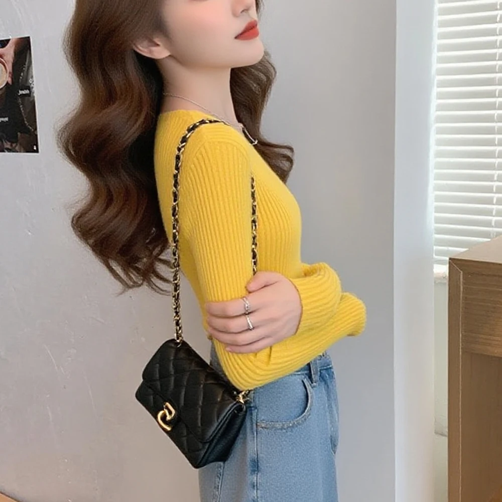 O Collo Sottile T-shirt elasticizzata Pullover Abbigliamento donna Nero Bianco Arancione O-Collo Camicetta in maglia S-XL Maglione sexy a maniche lunghe Top Girl