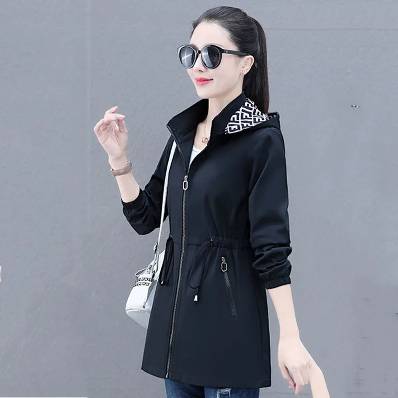 

TPJB Temperament Highend Windbreaker Womens Coat Spring And Autumn Women's Long Fashion Hooded Loose Slim Waist Coat Casual Coat