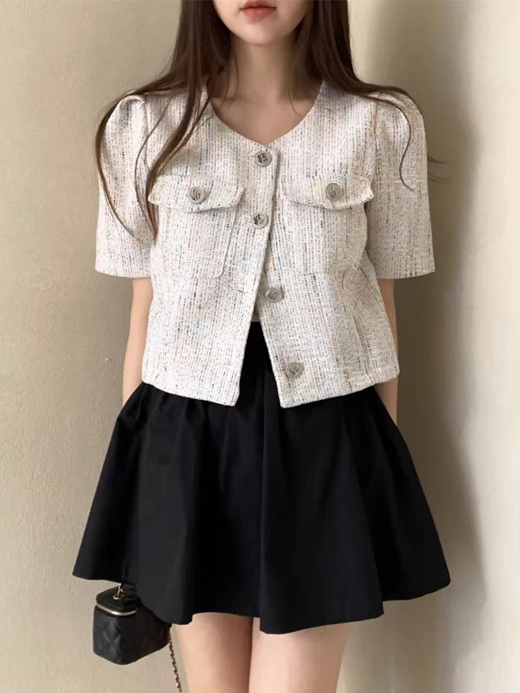 Korean Style Chic Summer Small Fragrant Round Neck Double Pocket Design Loose Mixed Color Coarse Floral Short Coat for Women