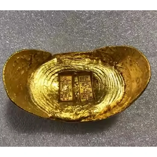 Antique Chinese Qing Dynasty Gold Ingot Replica Copper Gilt Imitation Gold Yuanbao Bullion Bar Vintage Feng Shui Home Decor