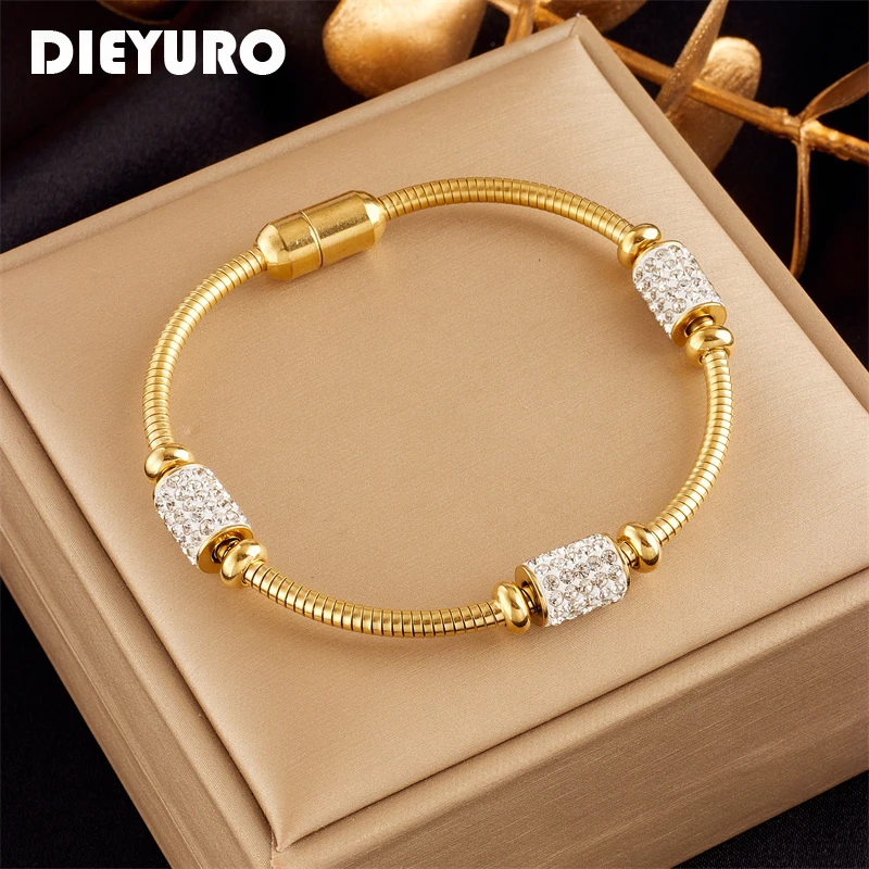 DIEYURO 316L Stainless Steel Gold Color Zirconia Beaded Bracelet For Women Fashion Girls Magnet Clasp Snake Chain Jewelry Gifts