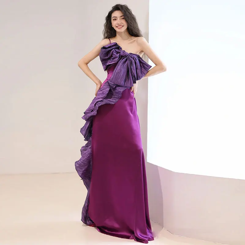 

2026 New Women's Purple Satin Slanted Shoulder Bridal Evening Dress Fashionable, Skinny, Sexy, Elegant Long Back Zipper Dress